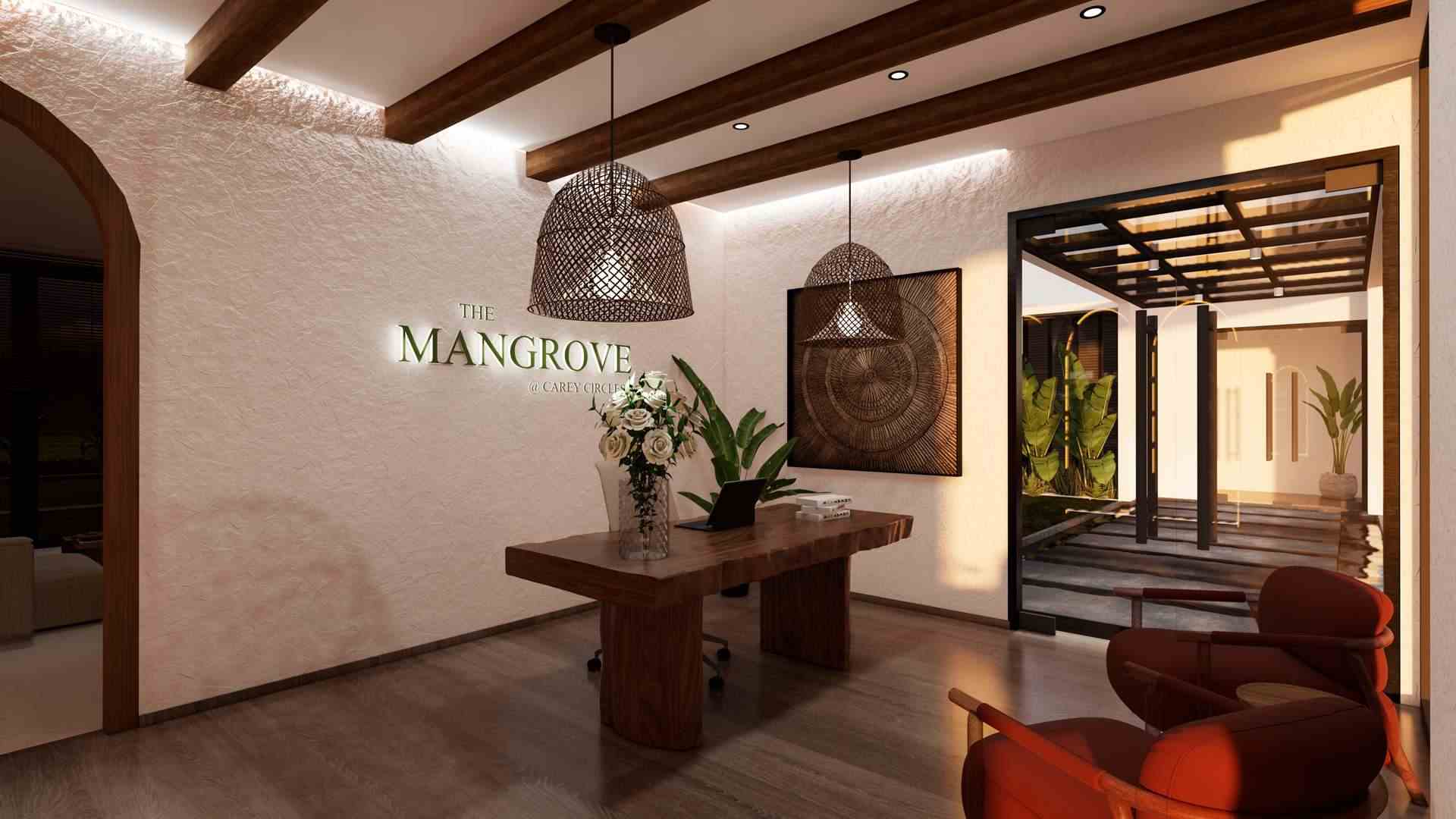 Clubhouse interior with modern seating and high ceilings.